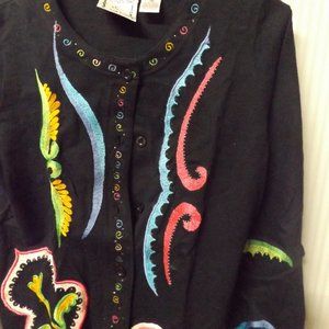 BLACK, MULTI-COLOR CARDIGAN SWEATER, LIGHTWEIGHT, COTTON